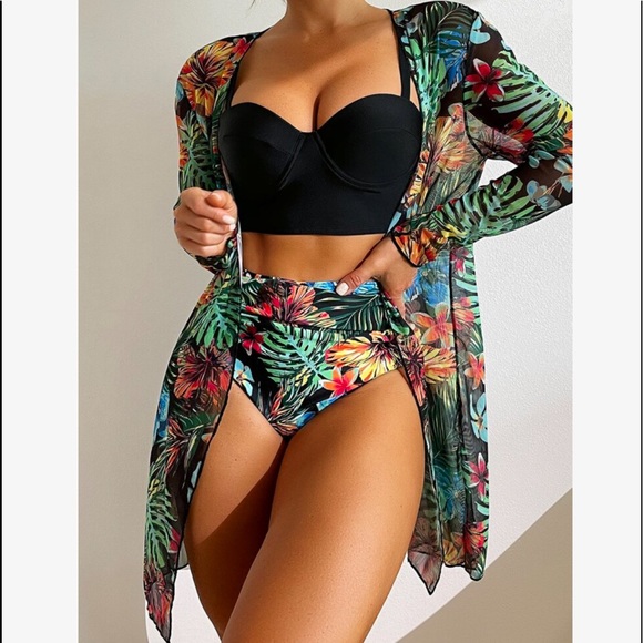 Other - 3 Piece Tropical Floral Print Push Up High Waisted Bikini Swimsuit Kimono GREEN